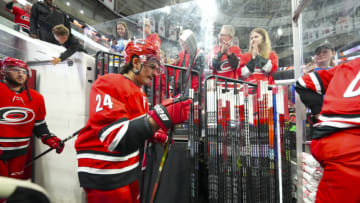 Nov 7, 2023; Raleigh, North Carolina, USA; Carolina Hurricanes center Seth Jarvis (24) comes out of the locker room before the game against the Buffalo Sabres at PNC Arena. Mandatory Credit: James Guillory-USA TODAY Sports