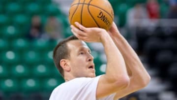 Nov 29, 2014; Salt Lake City, UT, USA; Utah Jazz forward Steve Novak warms up prior to the game against the Los Angeles Clippers at EnergySolutions Arena. Mandatory Credit: Russ Isabella-USA TODAY Sports