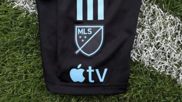 Apr 22, 2023; Cincinnati, Ohio, USA; The MLS shield and Apple TV logo are seen on the One Planet Kit prior to the match between the Portland Timbers and FC Cincinnati at TQL Stadium. Mandatory Credit: Aaron Doster-USA TODAY Sports