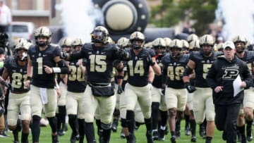 Purdue head coach Jeff Brohm and the Boilermakers take the field for the first quarter of an NCAA college football game, Saturday, Oct. 23, 2021 at Ross-Ade Stadium in West Lafayette.Cfb Purdue Vs Wisconsin
