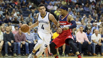 Oct 30, 2016; Memphis, TN, USA; Memphis Grizzlies guard Wade Baldwin IV (4) drives against Washington Wizards guard Trey Burke (33) during the second quarter at FedExForum. Mandatory Credit: Nelson Chenault-USA TODAY Sports