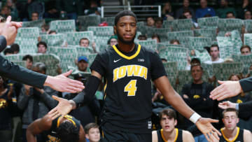 EAST LANSING, MI - DECEMBER 03: Isaiah Moss #4 of the Iowa Hawkeyes during pregame introductions before the game against the Michigan State Spartans at Breslin Center on December 3, 2018 in East Lansing, Michigan. (Photo by Rey Del Rio/Getty Images)