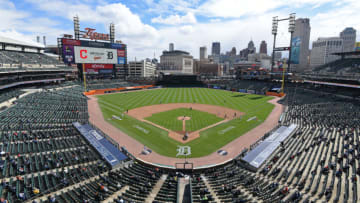 DETROIT, MI - APRIL 01: A wide-angle general view of Comerica Park during the Opening Day game between the Detroit Tigers and the Cleveland Indians at Comerica Park on April 1, 2021 in Detroit, Michigan. The Tigers defeated the Indians 3-2. (Photo by Mark Cunningham/MLB Photos via Getty Images)