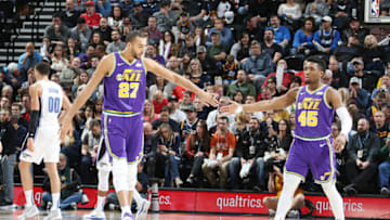 SALT LAKE CITY, UT - JANUARY 9: Rudy Gobert #27 and Donovan Mitchell #45 of the Utah Jazz exchange high fives against the Orlando Magic on January 9, 2019 at vivint.SmartHome Arena in Salt Lake City, Utah. Copyright 2019 NBAE (Photo by Melissa Majchrzak/NBAE via Getty Images)