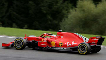 SPA, BELGIUM - AUGUST 26: Sebastian Vettel of Germany driving the (5) Scuderia Ferrari SF71H on track during the Formula One Grand Prix of Belgium at Circuit de Spa-Francorchamps on August 26, 2018 in Spa, Belgium. (Photo by Charles Coates/Getty Images)