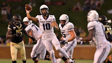 WINSTON SALEM, NORTH CAROLINA - AUGUST 30: Jordan Love #10 of the Utah State Aggies against the Wake Forest Demon Deacons during their game at BB&T Field on August 30, 2019 in Winston Salem, North Carolina. Wake Forest won 38-35. (Photo by Grant Halverson/Getty Images)