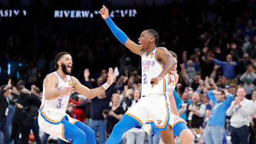 OKC Thunder guard Shai Gilgeous-Alexander (2) celebrates after shooting a 3-point basket at the buzzer to defeat the LA Clippers: Alonzo Adams-USA TODAY Sports
