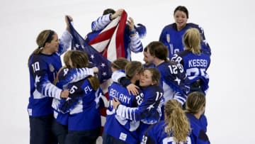 GANGNEUNG, SOUTH KOREA - FEBRUARY 22: Players of Team USA celebrate winning the gold medal after penalty-shot shootout following the Women's Ice Hockey Gold Medal game final between USA and Canada on day thirteen of the PyeongChang 2018 Winter Olympic Games at Gangneung Hockey Centre on February 22, 2018 in Gangneung, South Korea. (Photo by Jean Catuffe/Getty Images)