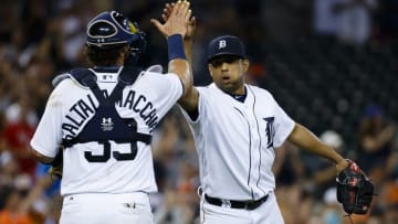 Jun 22, 2016; Detroit, MI, USA; Detroit Tigers catcher Jarrod Saltalamacchia (39) and relief pitcher Francisco Rodriguez (57) celebrate defeating the Seattle Mariners at Comerica Park. Detroit won 5-1. Mandatory Credit: Rick Osentoski-USA TODAY Sports