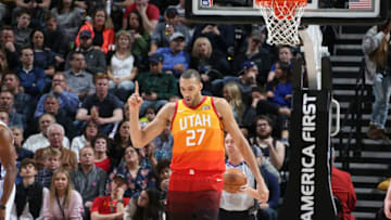 SALT LAKE CITY, UT - FEBRUARY 9: Rudy Gobert #27 of the Utah Jazz reacts during game against the Charlotte Hornets on February 9, 2018 at Vivint Smart Home Arena in Salt Lake City, Utah. Copyright 2018 NBAE (Photo by Melissa Majchrzak/NBAE via Getty Images)