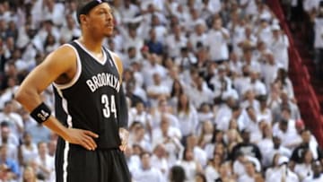 May 8, 2014; Miami, FL, USA; Brooklyn Nets forward Paul Pierce (34) looks on during the second half in game two of the second round of the 2014 NBA Playoffs against the Miami Heat at American Airlines Arena. Miami won 94-82. Mandatory Credit: Steve Mitchell-USA TODAY Sports