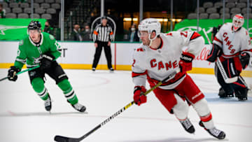 Apr 27, 2021; Dallas, Texas, USA; Carolina Hurricanes defenseman Brett Pesce (22) skates against the Dallas Stars during the third period at the American Airlines Center. Mandatory Credit: Jerome Miron-USA TODAY Sports