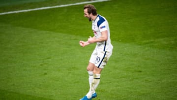 LONDON, ENGLAND - MARCH 11: Harry Kane of Tottenham Hotspur celebrates after scoring his team's second2 goal during the UEFA Europa League Round of 16 First Leg match between Tottenham Hotspur and Dinamo Zagreb at Tottenham Hotspur Stadium on March 11, 2021 in London, United Kingdom. Sporting stadiums around the UK remain under strict restrictions due to the Coronavirus Pandemic as Government social distancing laws prohibit fans inside venues resulting in games being played behind closed doors. (Photo by Sebastian Frej/MB Media/Getty Images)