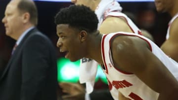 Jan 17, 2016; Madison, WI, USA; Wisconsin Badgers guard Khalil Iverson (21) cheers on his team during the game against the Michigan State Spartans. Wisconsin defeated Michigan State 77-76 at the Kohl Center. Mandatory Credit: Mary Langenfeld-USA TODAY Sports
