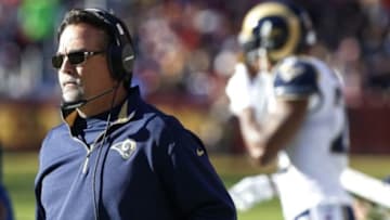 Dec 7, 2014; Landover, MD, USA; St. Louis Rams head coach Jeff Fisher looks on from the sidelines against the Washington Redskins in the first quarter at FedEx Field. The Rams won 24-0. Mandatory Credit: Geoff Burke-USA TODAY Sports
