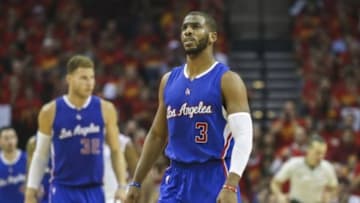 May 17, 2015; Houston, TX, USA; Los Angeles Clippers guard Chris Paul (3) reacts after a play during the second quarter against the Houston Rockets in game seven of the second round of the NBA Playoffs at Toyota Center. Mandatory Credit: Troy Taormina-USA TODAY Sports