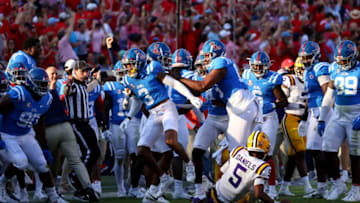 OXFORD, MISSISSIPPI - SEPTEMBER 30: Daijahn Anthony #3 of the Mississippi Rebels celebrates after causing a fumble by Jayden Daniels #5 of the LSU Tigers in the first half at Vaught-Hemingway Stadium on September 30, 2023 in Oxford, Mississippi. (Photo by Jamie Schwaberow/Getty Images)