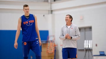 NEW YORK, NY - SEPTEMBER 30: Jeff Hornacek of the New York Knicks talks with Kristaps Porzingis #6 of the New York Knicks during practice at Kicks Training Facility on September 30, 2017 in Tarrytown, New York. Copyright 2017 NBAE (Photo by David Dow/NBAE via Getty Images)