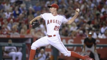 Aug 7, 2015; Anaheim, CA, USA; Los Angeles Angels starting pitcher Andrew Heaney (28) pitches against the Baltimore Orioles during the fourth inning at Angel Stadium of Anaheim. Mandatory Credit: Richard Mackson-USA TODAY Sports