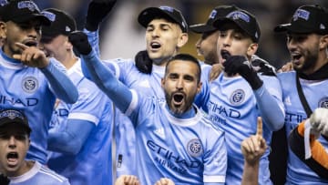 CHESTER, PA - DECEMBER 05: Maximiliano Moralez #10 of New York City FC and teammates celebrate winning the 2021 Audi MLS Cup Eastern Conference Final match against the Philadelphia Union at Subaru Park on December 05, 2021 in Chester, Pennsylvania. (Photo by Ira L. Black - Corbis/Getty Images)