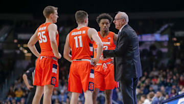 SOUTH BEND, IN - JANUARY 22: Head coach Jim Boeheim of the Syracuse Orange talks with team members during the game against the Notre Dame Fighting Irish at Purcell Pavilion on January 22, 2020 in South Bend, Indiana. (Photo by Michael Hickey/Getty Images)