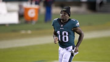 PHILADELPHIA, PA - NOVEMBER 01: Jalen Reagor #18 of the Philadelphia Eagles runs off the field after the game against the Dallas Cowboys at Lincoln Financial Field on November 1, 2020 in Philadelphia, Pennsylvania. (Photo by Mitchell Leff/Getty Images)