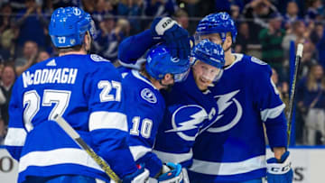 TAMPA, FL - MARCH 18: Steven Stamkos #91 of the Tampa Bay Lightning scores against the Arizona Coyotes for a franchise record in the first period at Amalie Arena on March 18, 2019 in Tampa, Florida. (Photo by Scott Audette/NHLI via Getty Images)