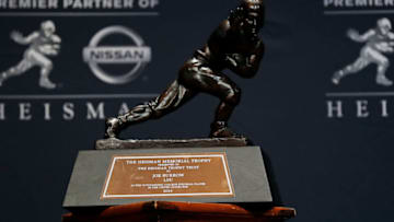NEW YORK, NY - DECEMBER 14: The trophy presented to Quarterback Joe Burrow of the LSU Tigers winner of the 85th annual Heisman Memorial Trophy is seen on December 14, 2019 at the Marriott Marquis in New York City. (Photo by Adam Hunger/Getty Images)