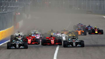 SOCHI, RUSSIA - SEPTEMBER 30: Valtteri Bottas driving the (77) Mercedes AMG Petronas F1 Team Mercedes WO9, Lewis Hamilton of Great Britain driving the (44) Mercedes AMG Petronas F1 Team Mercedes WO9 lead the field at the start during the Formula One Grand Prix of Russia at Sochi Autodrom on September 30, 2018 in Sochi, Russia. (Photo by Mark Thompson/Getty Images)