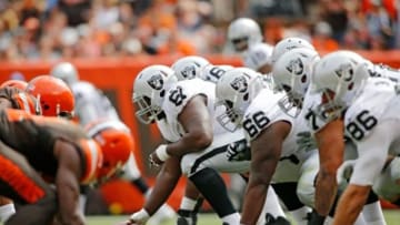 Sep 27, 2015; Cleveland, OH, USA; Oakland Raiders offensive line during the second quarter against the Cleveland Browns at FirstEnergy Stadium. Mandatory Credit: Scott R. Galvin-USA TODAY Sports