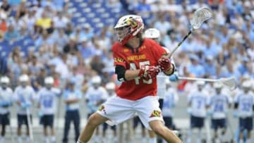 May 17, 2015; Annapolis, MD, USA; Maryland Terrapins midfielder Bryan Cole (45) shoots during the second half against the North Carolina Tar Heels at Navy Marine Corps Memorial Stadium. Maryland Terrapins defeated North Carolina Tar Heels 14-7. Mandatory Credit: Tommy Gilligan-USA TODAY Sports
