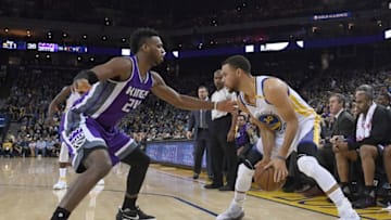 OAKLAND, CA - MARCH 24: Stephen Curry #30 of the Golden State Warriors looks to put a move on Buddy Hield #24 of the Sacramento Kings during an NBA basketball game at ORACLE Arena on March 24, 2017 in Oakland, California. NOTE TO USER: User expressly acknowledges and agrees that, by downloading and or using this photograph, User is consenting to the terms and conditions of the Getty Images License Agreement. (Photo by Thearon W. Henderson/Getty Images)