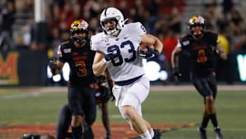 Sep 27, 2019; College Park, MD, USA; Penn State Nittany Lions tight end Nick Bowers (83) runs with the ball against the Maryland Terrapins at Capital One Field at Maryland Stadium. Mandatory Credit: Geoff Burke-USA TODAY Sports