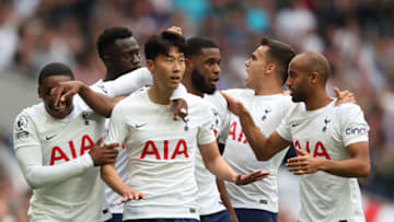 LONDON, ENGLAND - AUGUST 15: Son Heung-Min of Tottenham Hotspur celebrates after scoring a goal to make it 1-0 during the Premier League match between Tottenham Hotspur and Manchester City at Tottenham Hotspur Stadium on August 15, 2021 in London, England. (Photo by James Williamson - AMA/Getty Images)