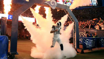LOS ANGELES, CA - JANUARY 06: Jared Goff #16 of the Los Angeles Rams runs onto the field prior to the NFC Wild Card Playoff Game against the Atlanta Falcons at the Los Angeles Coliseum on January 6, 2018 in Los Angeles, California. (Photo by Sean M. Haffey/Getty Images)