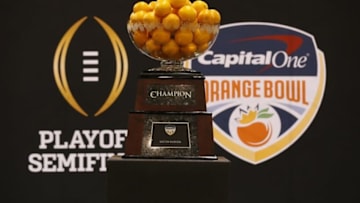 Jan 9, 2016; Phoenix, AZ, USA; A general view of the Orange Bowl trophy at media day at Phoenix Convention Center. Mandatory Credit: Matthew Emmons-USA TODAY Sports