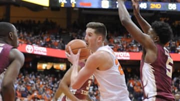 Feb 11, 2016; Syracuse, NY, USA; Syracuse Orange forward Tyler Lydon (20) looks to take a shot as Florida State Seminoles guard Malik Beasley (5) defends during the second half of a game at the Carrier Dome.Syracuse won 85-72. Mandatory Credit: Mark Konezny-USA TODAY Sports