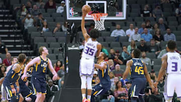 SACRAMENTO, CA - OCTOBER 11: Marvin Bagley III #35 of the Sacramento Kings shoots over the out stretched arm of Rudy Gobert #27 of the Utah Jazz during their NBA basketball game at Golden 1 Center on October 11, 2018 in Sacramento, California. NOTE TO USER: User expressly acknowledges and agrees that, by downloading and or using this photograph, User is consenting to the terms and conditions of the Getty Images License Agreement. (Photo by Thearon W. Henderson/Getty Images)