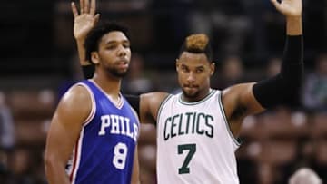 Oct 23, 2015; Manchester, NH, USA; Boston Celtics forward Jared Sullinger (7) defends Philadelphia 76ers center Jahlil Okafor (8) during the second half at Verizon Wireless Arena. Mandatory Credit: Mark L. Baer-USA TODAY Sports