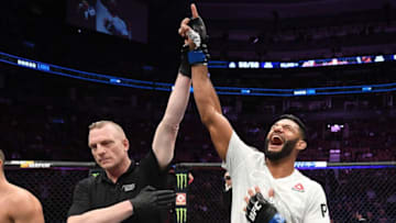 TORONTO, CANADA - DECEMBER 08: Dhiego Lima celebrates his KO victory over Chad Laprise of Canada in their welterweight fight during the UFC 231 event at Scotiabank Arena on December 8, 2018 in Toronto, Canada. (Photo by Josh Hedges/Zuffa LLC/Zuffa LLC via Getty Images)