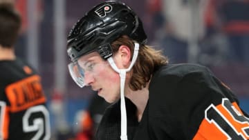 PHILADELPHIA, PA - MARCH 23: Nolan Patrick #19 of the Philadelphia Flyers looks on during warm-ups against the New York Islanders on March 23, 2019 at the Wells Fargo Center in Philadelphia, Pennsylvania. (Photo by Len Redkoles/NHLI via Getty Images)