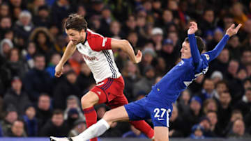 LONDON, ENGLAND - FEBRUARY 12: Andreas Christensen of Chelsea tackles Jay Rodriguez of West Bromwich Albion during the Premier League match between Chelsea and West Bromwich Albion at Stamford Bridge on February 12, 2018 in London, England. (Photo by Mike Hewitt/Getty Images)