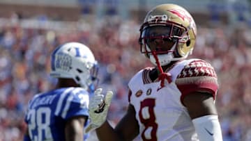 DURHAM, NC - OCTOBER 14: Nyqwan Murray #8 of the Florida State Seminoles reacts after a catch against the Duke Blue Devils during their game at Wallace Wade Stadium on October 14, 2017 in Durham, North Carolina. (Photo by Streeter Lecka/Getty Images)