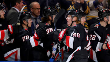 Jan 7, 2023; Buffalo, New York, USA; Buffalo Sabres defenseman Rasmus Dahlin (26) celebrates his goal with teammates during the third period against the Minnesota Wild at KeyBank Center. Mandatory Credit: Timothy T. Ludwig-USA TODAY Sports