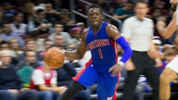 Dec 11, 2015; Philadelphia, PA, USA; Detroit Pistons guard Reggie Jackson (1) dribbles against the Philadelphia 76ers during the second half at Wells Fargo Center. The Pistons won107-95. Mandatory Credit: Bill Streicher-USA TODAY Sports