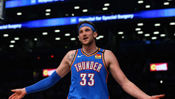 NEW YORK, NEW YORK - JANUARY 07: Mike Muscala #33 of the Oklahoma City Thunder in action against the Brooklyn Nets at Barclays Center on January 07, 2020 in New York City. Oklahoma City Thunder defeated the Oklahoma City Thunder 111-103. NOTE TO USER: User expressly acknowledges and agrees that, by downloading and or using this photograph, User is consenting to the terms and conditions of the Getty Images License Agreement. (Photo by Mike Stobe/Getty Images)