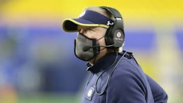 Oct 24, 2020; Pittsburgh, Pennsylvania, USA; Notre Dame Fighting Irish head coach Brian Kelly looks on from the sidelines against the Pittsburgh Panthers during the fourth quarter at Heinz Field. Notre Dame won 45-3. Mandatory Credit: Charles LeClaire-USA TODAY Sports