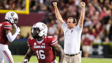 Sep 4, 2021; Columbia, South Carolina, USA; South Carolina Gamecocks head coach Shane Beamer reacts to his team play against the Eastern Illinois Panthers in the second quarter at Williams-Brice Stadium. Mandatory Credit: Jeff Blake-USA TODAY Sports