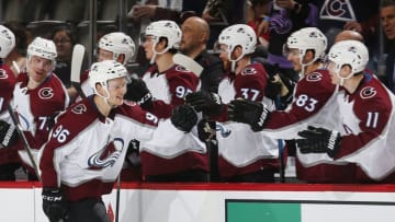 NEWARK, NJ - JANUARY 4: Mikko Rantanen #96 of the Colorado Avalanche is congratulated after scoring a goal against the New Jersey Devils during the game at the Prudential Center on January 4, 2020 in Newark, New Jersey. (Photo by Andy Marlin/NHLI via Getty Images)