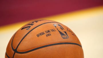 CLEVELAND, OH - MAY 25: The game ball sits on the court during Game Six of the 2018 NBA Eastern Conference Finals between the Cleveland Cavaliers and the Boston Celtics at Quicken Loans Arena on May 25, 2018 in Cleveland, Ohio. NOTE TO USER: User expressly acknowledges and agrees that, by downloading and or using this photograph, User is consenting to the terms and conditions of the Getty Images License Agreement. (Photo by Gregory Shamus/Getty Images)